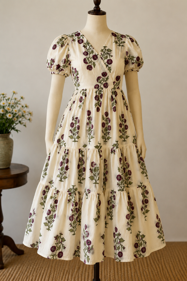 Ivory Floral Frock Knee Length with Puff Sleeves & Side Pockets