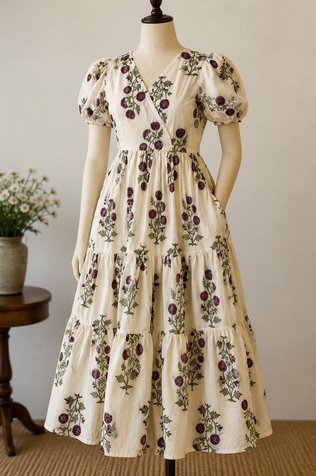 Ivory Floral Long Frock with Puff Sleeves & Side Pockets