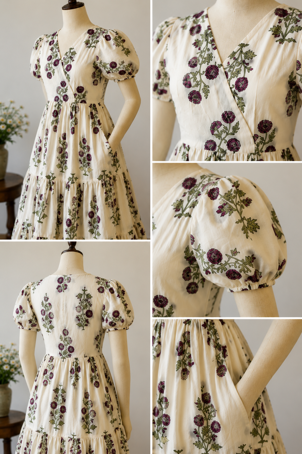 Ivory Floral Long Frock with Puff Sleeves & Side Pockets