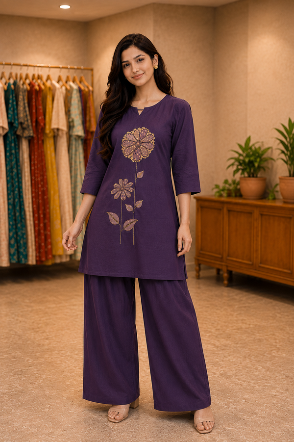 Plum-Purple Embroidered Co-ord Set