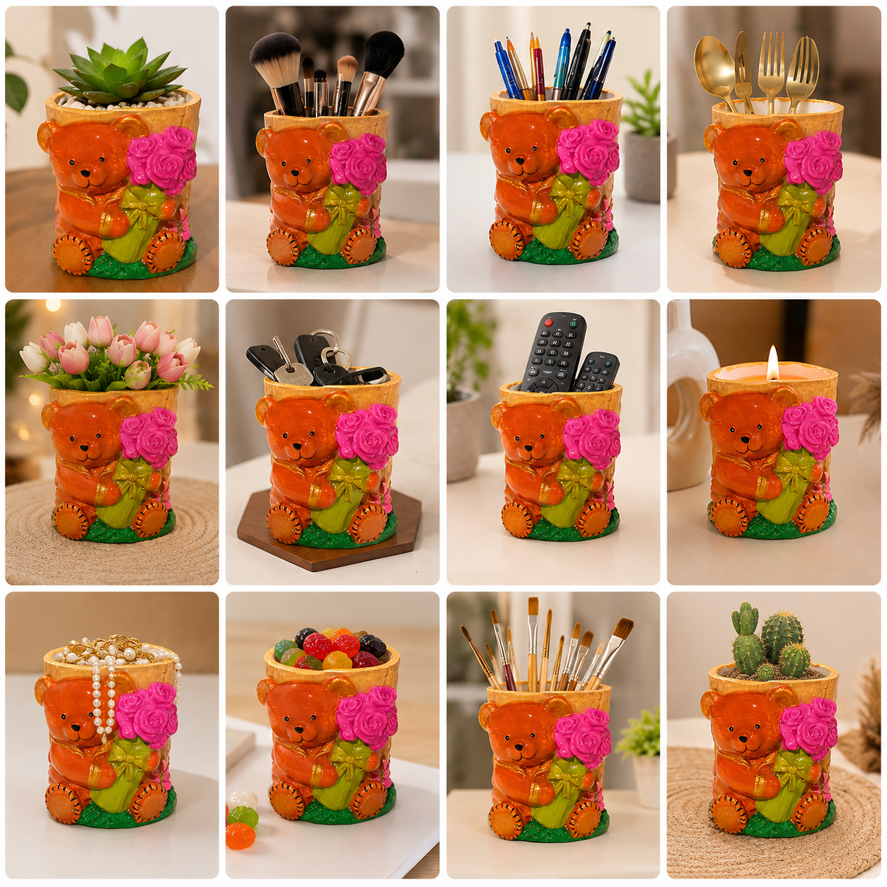 🧸 Bear Holding Flowers Planter – Handmade Decorative Planter